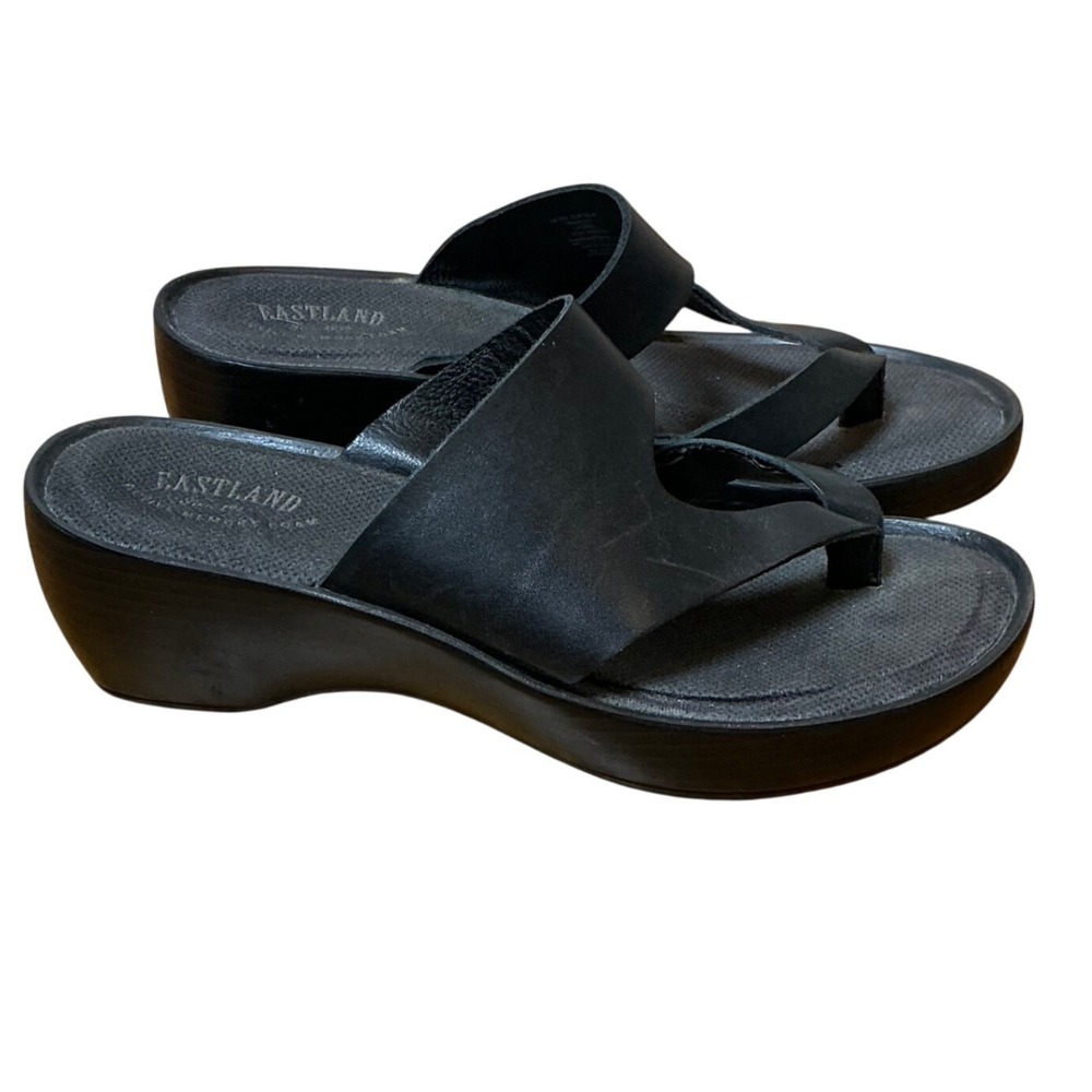 Eastland Laurel Black Leather Wedge Sandals Toe Loop Slide 3859-01 Womens 8 M